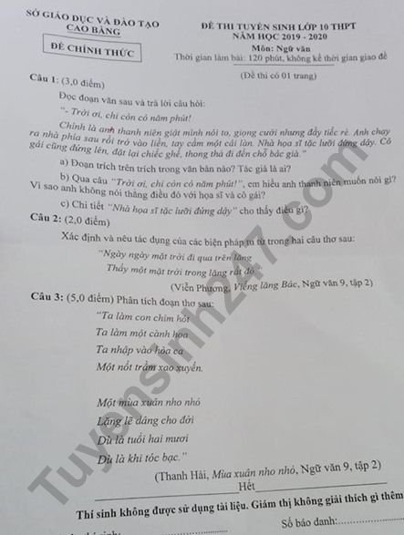Đề thi vào lớp 10 năm 2019 môn Văn tỉnh Cao Bằng