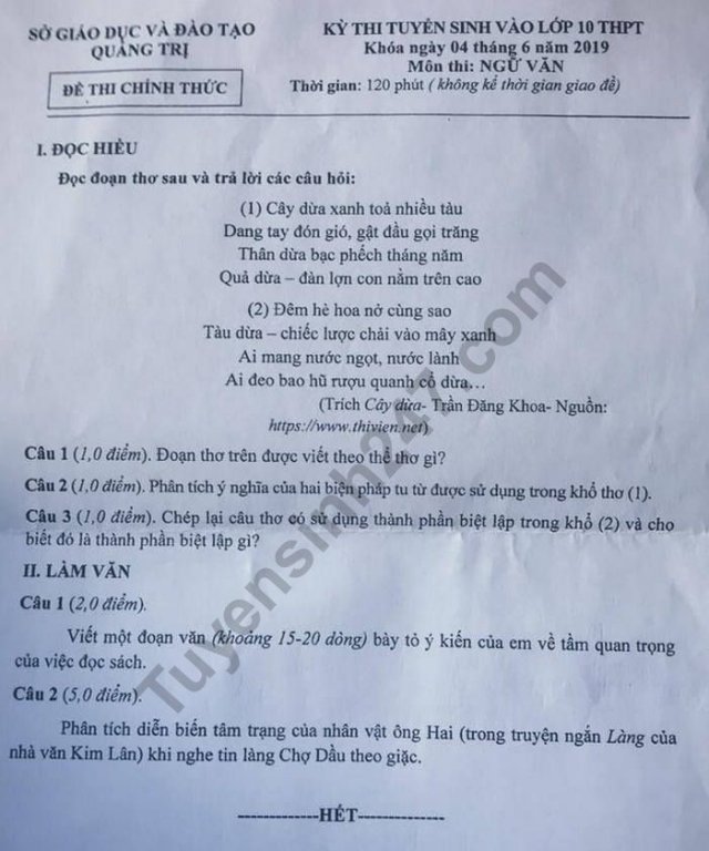 Đề thi vào lớp 10 năm 2019 môn Văn tỉnh Quảng Trị