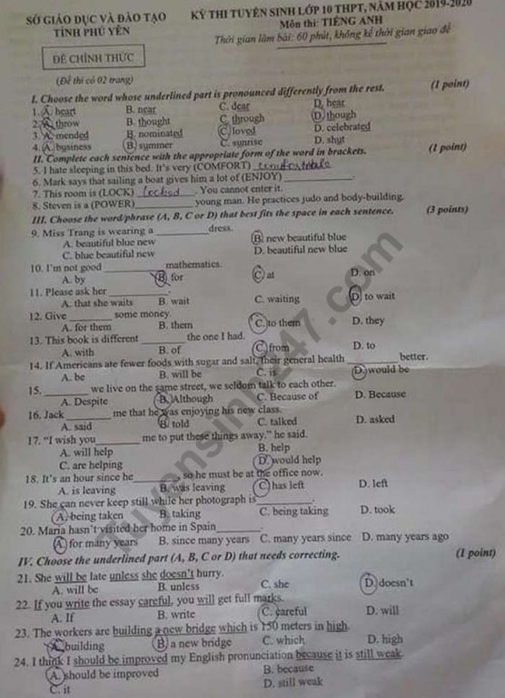 Đề thi vào lớp 10 năm 2019 môn Anh tỉnh Phú Yên
