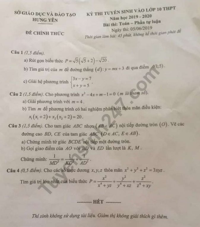 Đề thi vào lớp 10 năm 2019 môn Toán tỉnh Hưng Yên