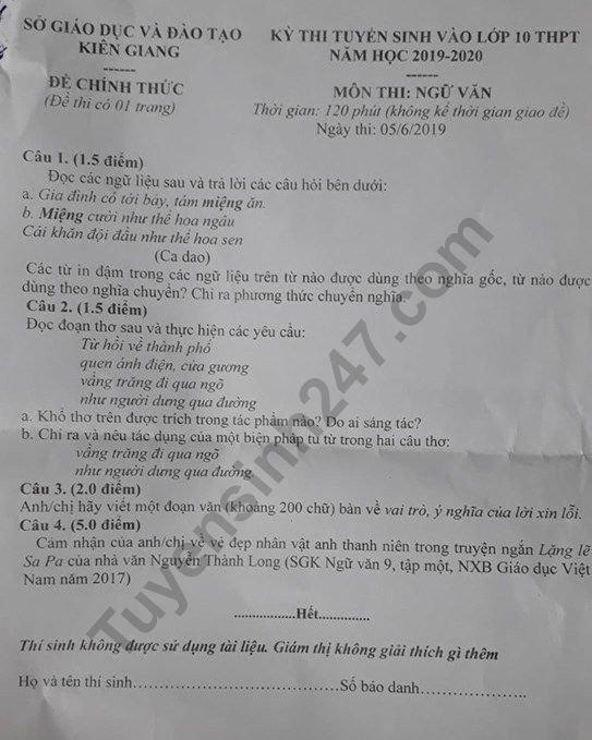 Đề thi vào lớp 10 năm 2019 môn Văn tỉnh Kiên Giang