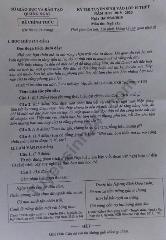 Đề thi vào lớp 10 năm 2019 môn Văn tỉnh Quảng Ngãi