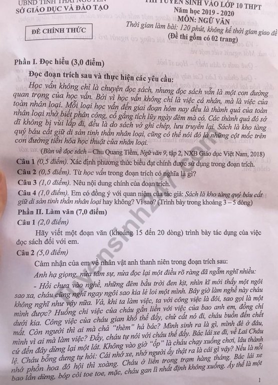 Đề thi vào lớp 10 năm 2019 môn Văn tỉnh Thái Nguyên