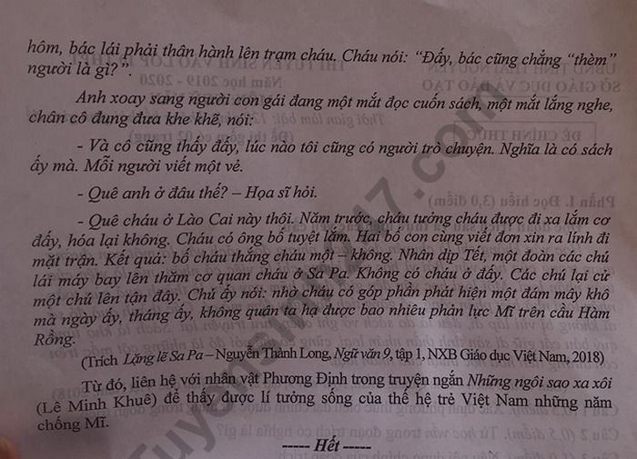 Đề thi vào lớp 10 năm 2019 môn Văn tỉnh Thái Nguyên