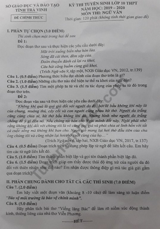 Đề thi vào lớp 10 năm 2019 môn Văn tỉnh Trà Vinh