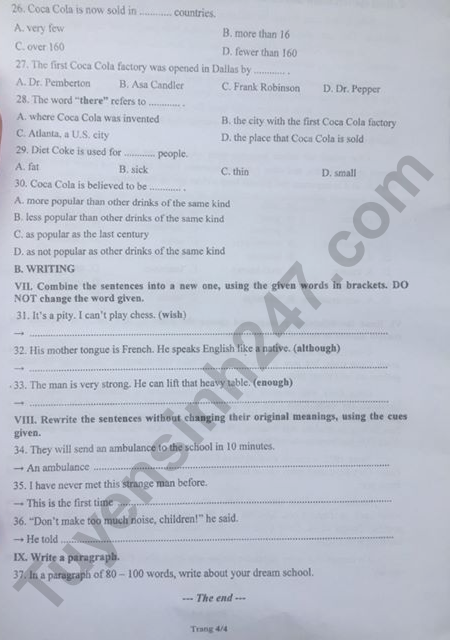 Đề thi vào lớp 10 năm 2019 môn Anh tỉnh Đồng Nai