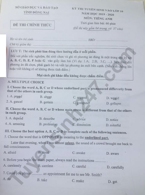 de-thi-vao-lop-10-nam-2019-mon-anh-tinh-dong-nai