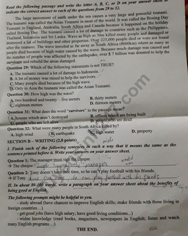 Đề thi vào lớp 10 năm 2019 môn Anh tỉnh Đồng Tháp