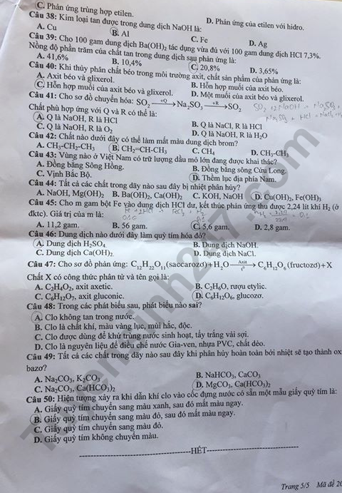 Đề thi vào lớp 10 năm 2019 môn Tổ hợp tỉnh Nghệ An