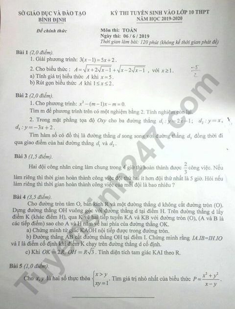 Đề thi vào lớp 10 năm 2019 môn Toán tỉnh Bình Định