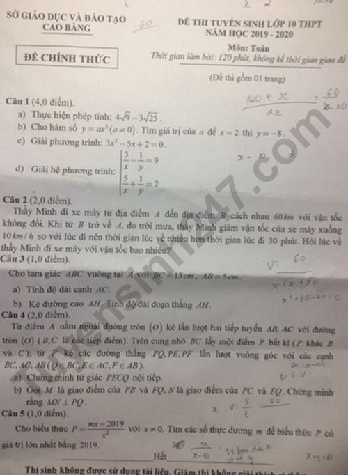 Đề thi vào lớp 10 năm 2019 môn Toán tỉnh Cao Bằng