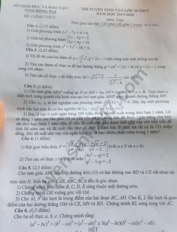 Đề thi vào lớp 10 năm 2019 môn Toán tỉnh Đồng Nai
