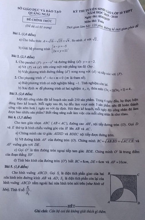 Đề thi vào lớp 10 năm 2019 môn Toán tỉnh Quảng Ngãi