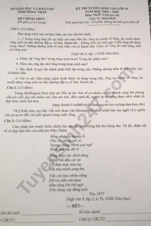 Đề thi vào lớp 10 năm 2019 môn Văn tỉnh Đồng Tháp