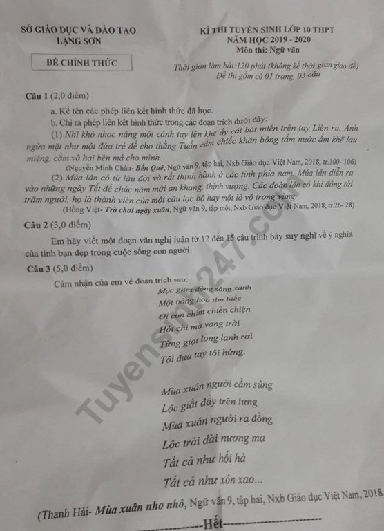 Đề thi vào lớp 10 năm 2019 môn Văn tỉnh Lạng Sơn