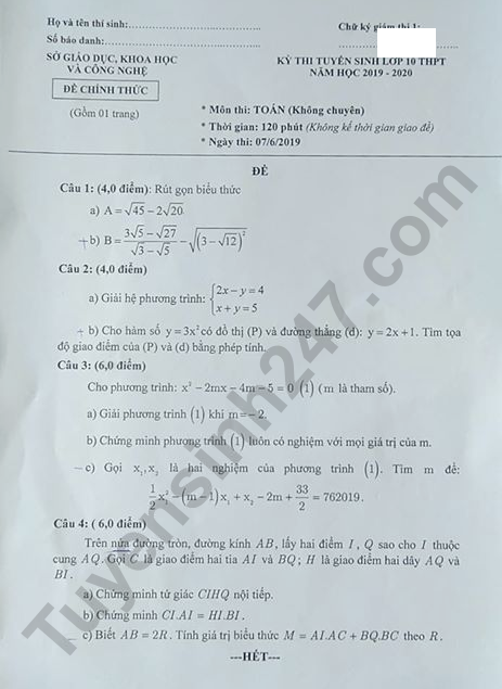 Đề thi vào lớp 10 năm 2019 môn Toán tỉnh Bạc Liêu