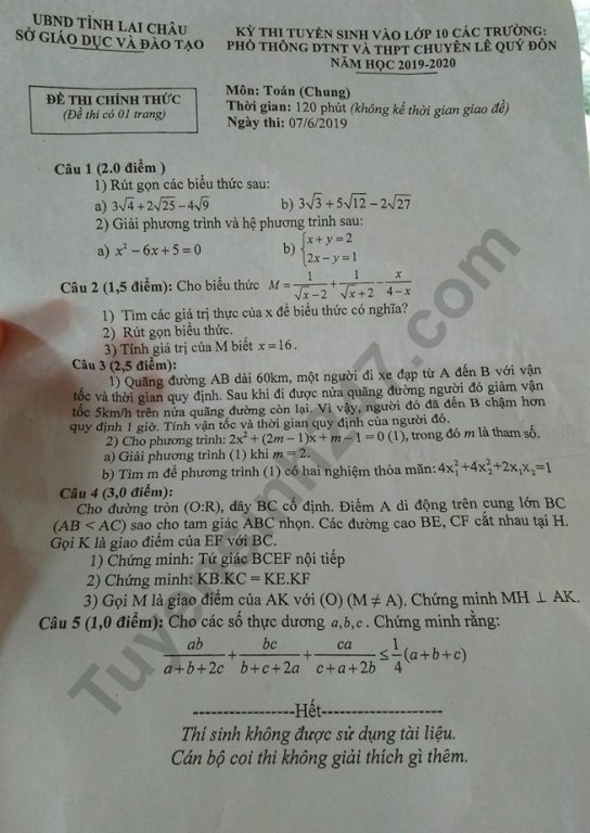 Đề thi vào lớp 10 năm 2019 môn Toán tỉnh Lai Châu