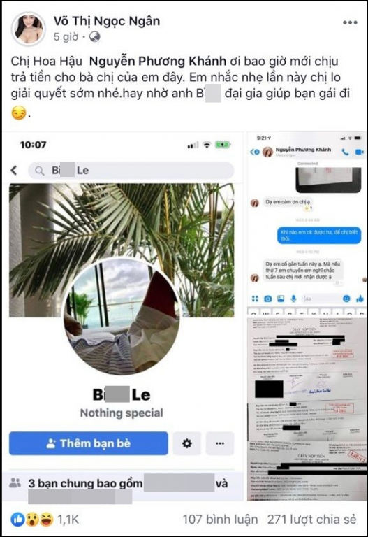 Ngân 98 tố Phương Khánh nợ tiền tỷ mãi chưa trả. 