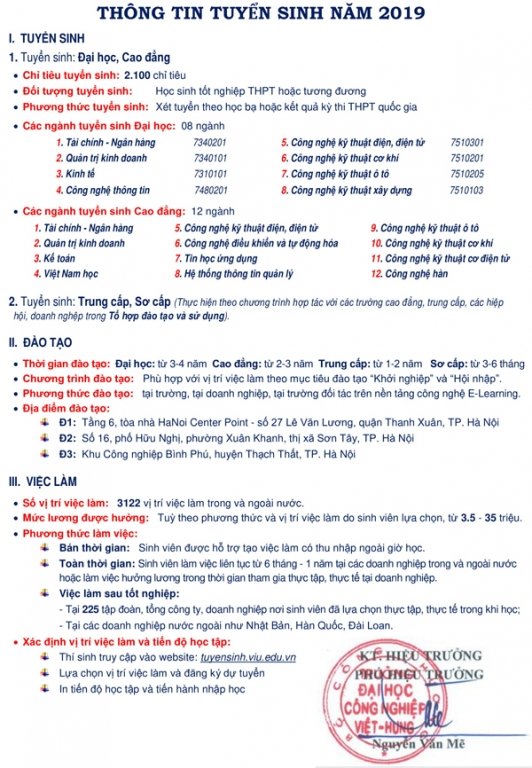 chi-tieu-tuyen-sinh-truong-dai-hoc-cong-nghiep-viet-hung-nam-2019