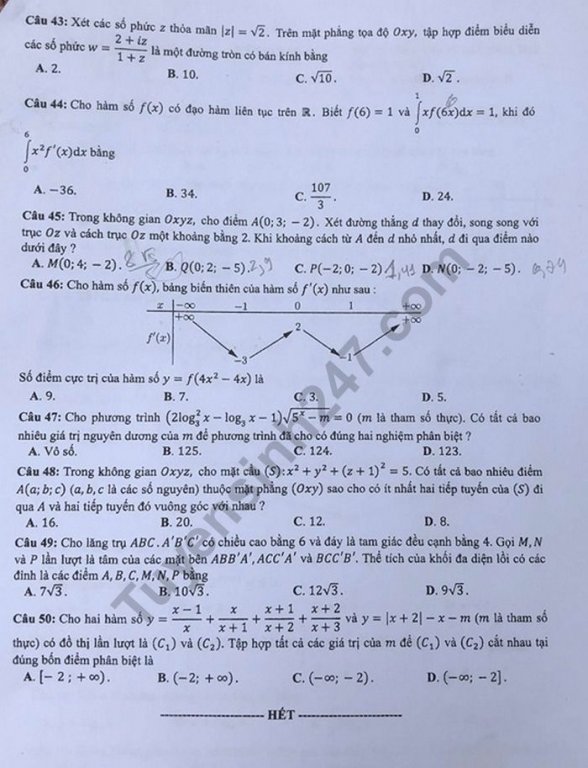Đề thi và đáp án môn Toán THPT quốc gia 2019 mã đề 121