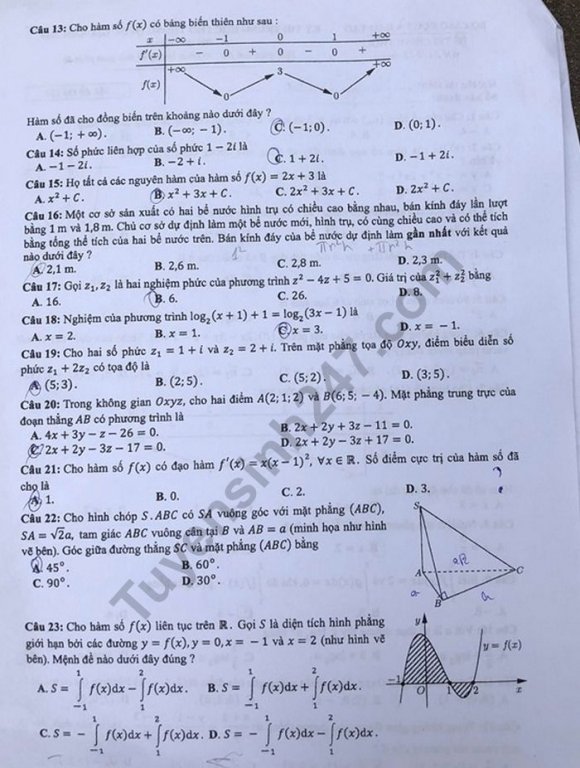 Đề thi và đáp án môn Toán THPT quốc gia 2019 mã đề 121