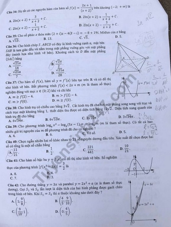 Đề thi và đáp án môn Toán THPT quốc gia 2019 mã đề 121