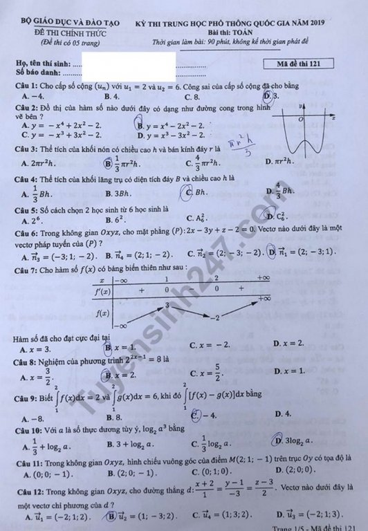 Đề thi và đáp án môn Toán THPT quốc gia 2019 mã đề 121