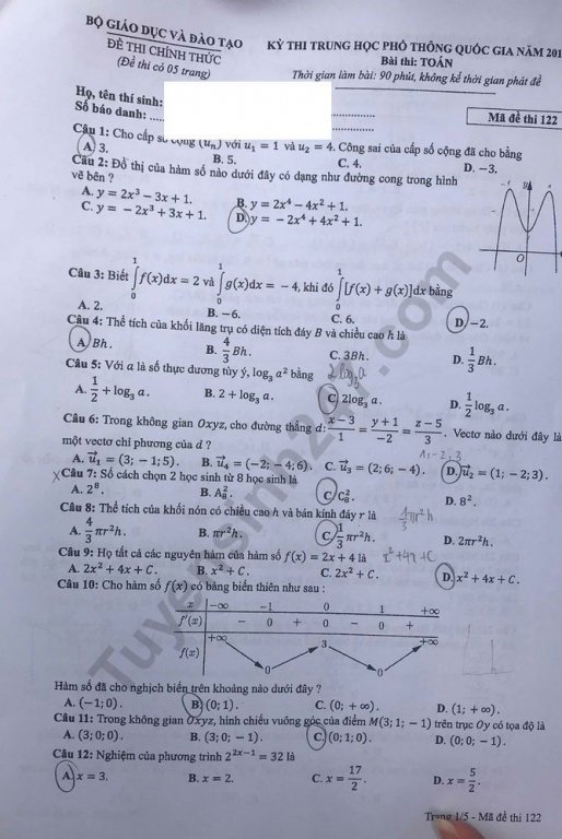 đề thi môn Toán THPT Quốc gia 2019 (mã đề 122).