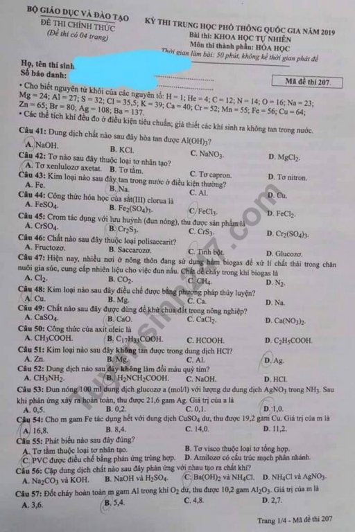 de-thi-va-dap-an-mon-hoa-thpt-quoc-gia-2019-ma-de-207