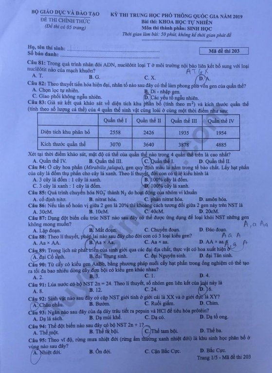 Đề thi và đáp án môn Sinh học THPT quốc gia 2019 mã đề 203
