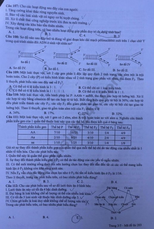Đề thi và đáp án môn Sinh học THPT quốc gia 2019 mã đề 203