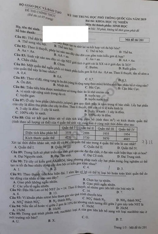 Đề thi và đáp án môn Sinh học THPT quốc gia 2019 mã đề 201