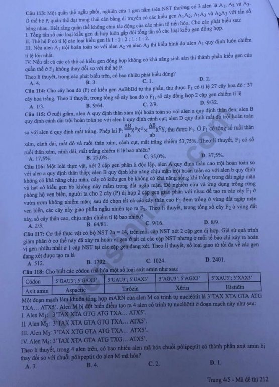 Đề thi và đáp án môn Sinh THPT quốc gia 2019 mã đề 212