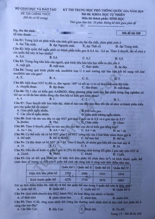 Đề thi và đáp án môn Sinh THPT quốc gia 2019 mã đề 208