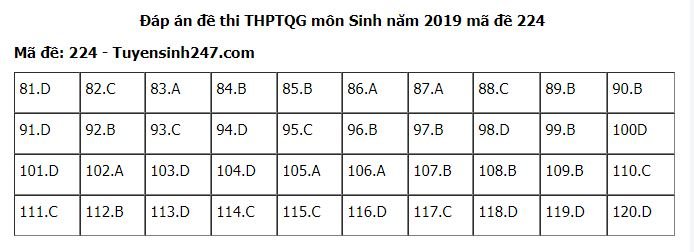 Đề thi và đáp án môn Sinh THPT quốc gia 2019 mã đề 224