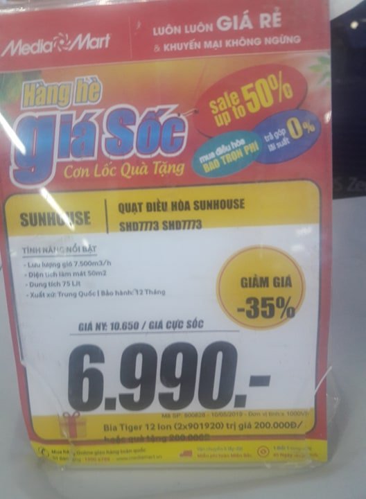 Chiếc quạt điều hòa Sunhouse là một trong số sản phẩm có nguồn gốc xuất xứ từ Trung Quốc được trưng bày tại siêu thị điện máy MediaMart Hồ Tùng Mậu.