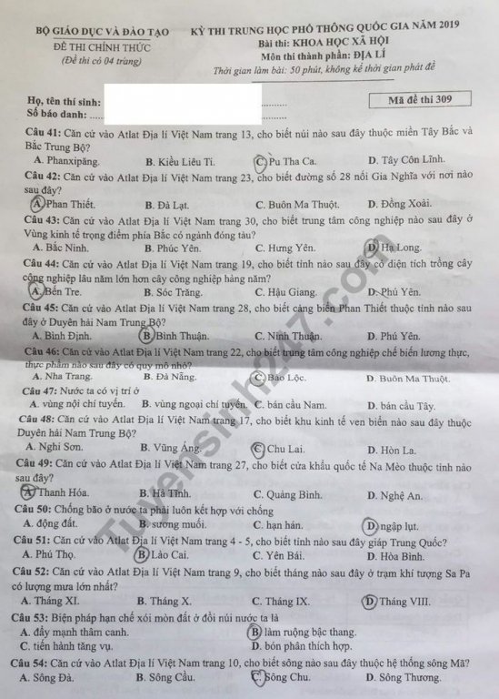 de-thi-va-dap-an-mon-dia-ly-thpt-quoc-gia-2019-ma-de-309