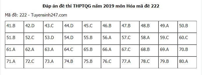 Đề thi và đáp án môn Hóa THPT quốc gia 2019 mã đề 222