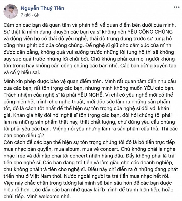 Tiên Cookie tiếp tục lên tiếng bảo vệ quan điểm gây tranh cãi trước đây của mình. Cô cho rằng nghệ sĩ nên yêu nghề, không nên yêu công chúng.