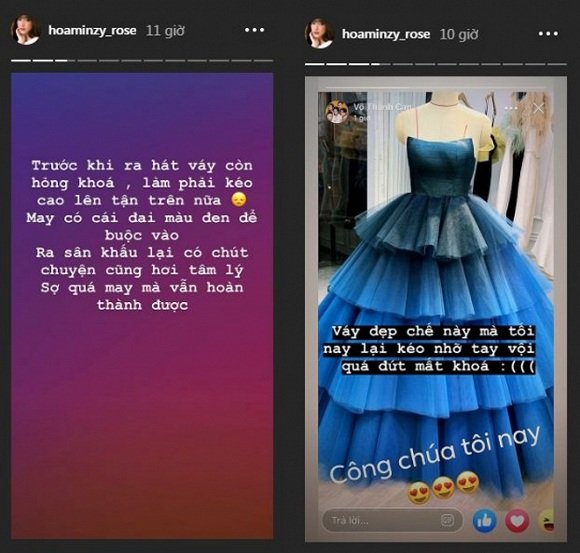 Hòa Minzy kể chuyện gặp sự cố với khóa váy trước khi ra sân khấu. 