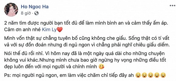 Hồ Ngọc Hà cũng gửi lời cảm ơn tới Kim Lý sau dòng trang thái của bạn trai. 