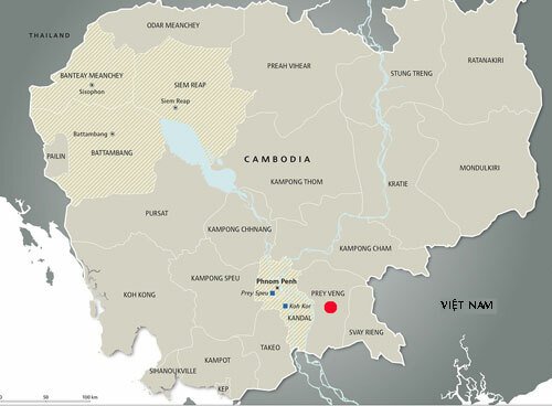 Vị trí tỉnh Prev Veng (chấm đỏ) của Campuchia. Đồ họa: Picssr.