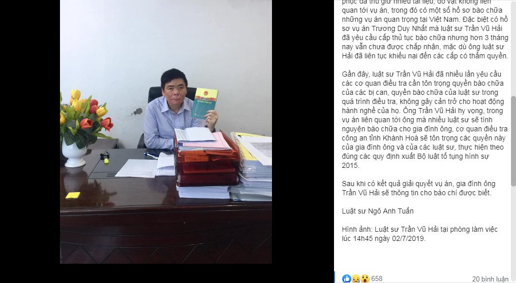Hình ảnh luật sư Trần Vũ Hải và thông cáo được đăng trực tiếp trên trang cá nhân của ông