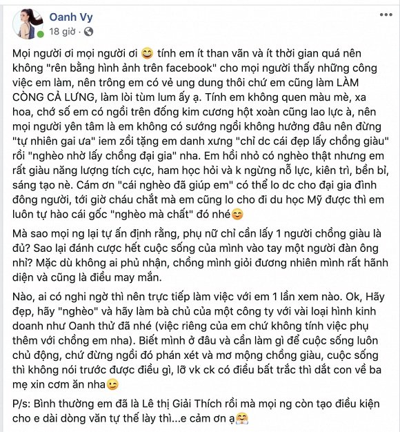 Vy Oanh tiết lộ lấy chồng giàu nhưng vẫn làm còng cả lưng khiến công chúng bất ngờ.