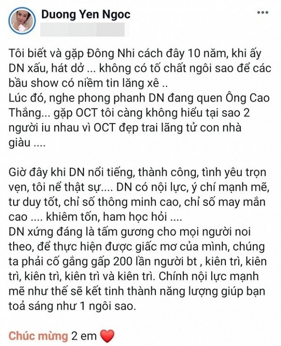 Nguyên văn lời chia sẻ của Dương Yến Ngọc