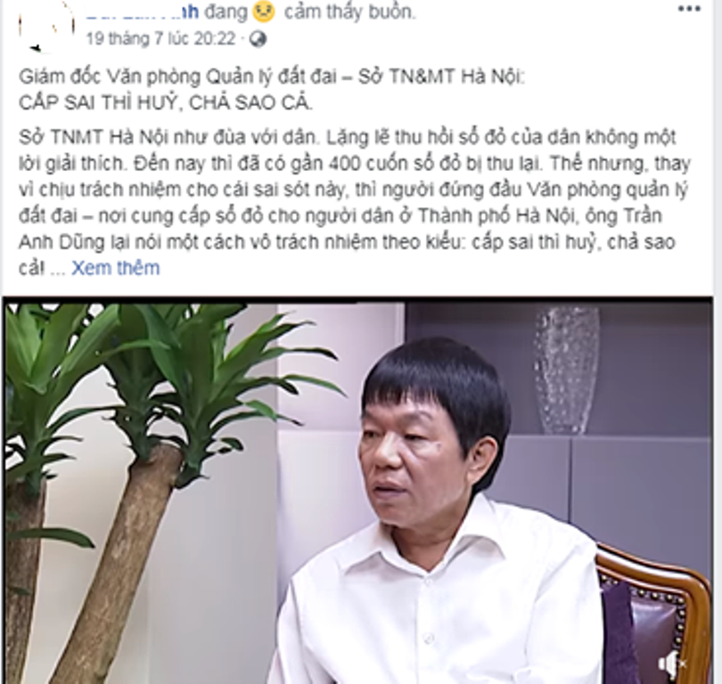 Dòng chia sẻ trên trang cá nhân của PV Bùi Lan Anh (Kênh VTC 14), người phỏng vấn ông Dũng.