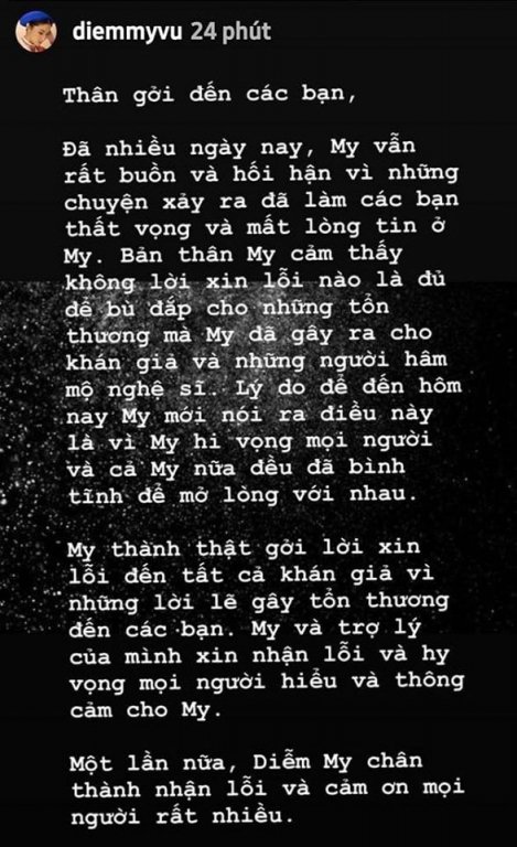 Diễm My 9x bất ngờ gửi lời xin lỗi sau nhiều ngày scandal với Trương Thế Vinh lắng xuống. Người đẹp từng bị cho là khiêu khích, mỉa mai Trương Thế Vinh khi đàn anh yêu cầu shop thời trang M gỡ bỏ hình ảnh đồng thời đòi bồi thường 25 triệu đồng.
