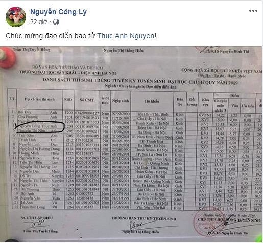 Công Lý khoe con gái lớn đã đậu vào khoa Đạo diễn, trường Đại học Sân khấu Điện ảnh Hà Nội.