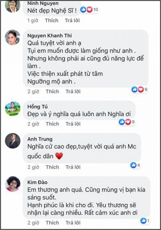 Sao Việt hết lời ca ngợi hành động nhân văn của MC Đại Nghĩa khi quyết định quyên hết số tiền thắng gameshow (hơn 800 triệu động) để làm từ thiện.