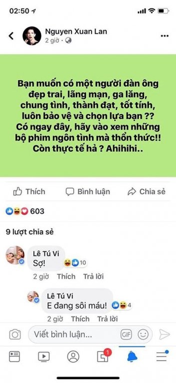 Xuân Lan cũng đăng status đầy ẩn ý trên trang cá nhân. Cộng đồng mạng cho rằng siêu mẫu đang muốn nhắc tới Kin Nguyễn. Phía dưới phần bình luận, diễn viên Tú Vi còn bày tỏ đang 